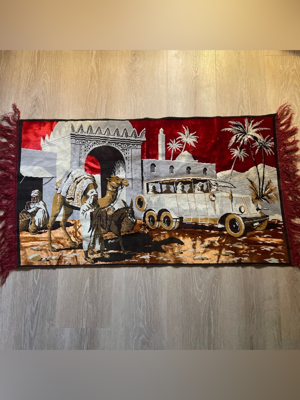 Vintage Camel Tapestry Wall Rug with fringe